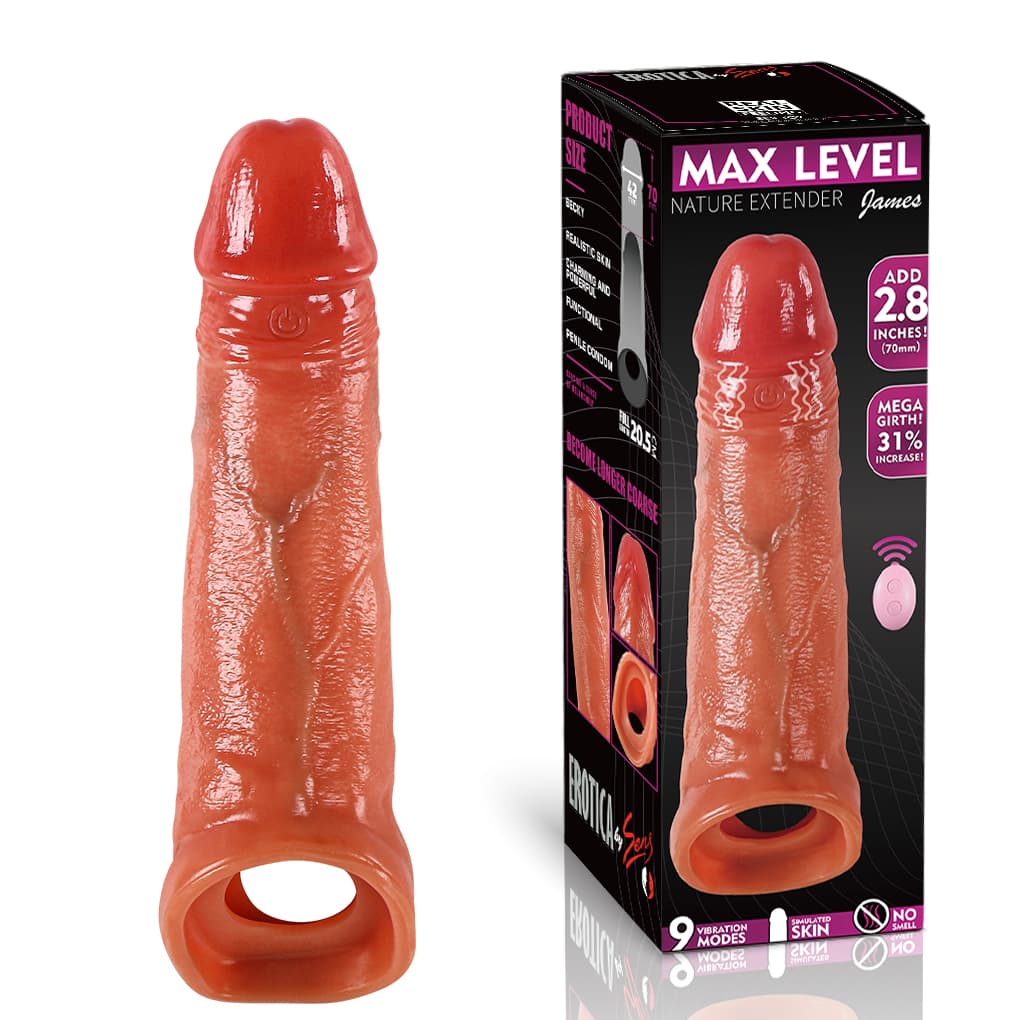 Wellco Adult MAX LEVEL Nature Extender James - Uzaktan Kumandalı Şarjlı Güçlü Titreşimli Ultra Realistik Uzatmalı Penis Kılıfı