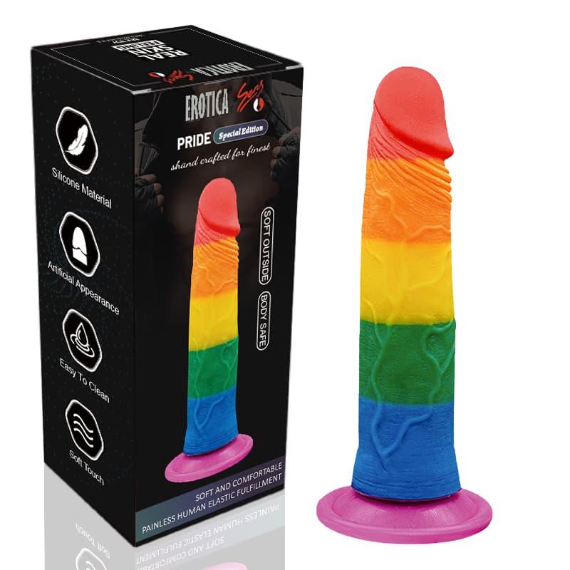 Wellco Adult Pride Special Edition Dildo 18.5 CM - Gökkuşağı Renkli Silikon Ultra Realistik Yapay Penis Testissiz Vibrator