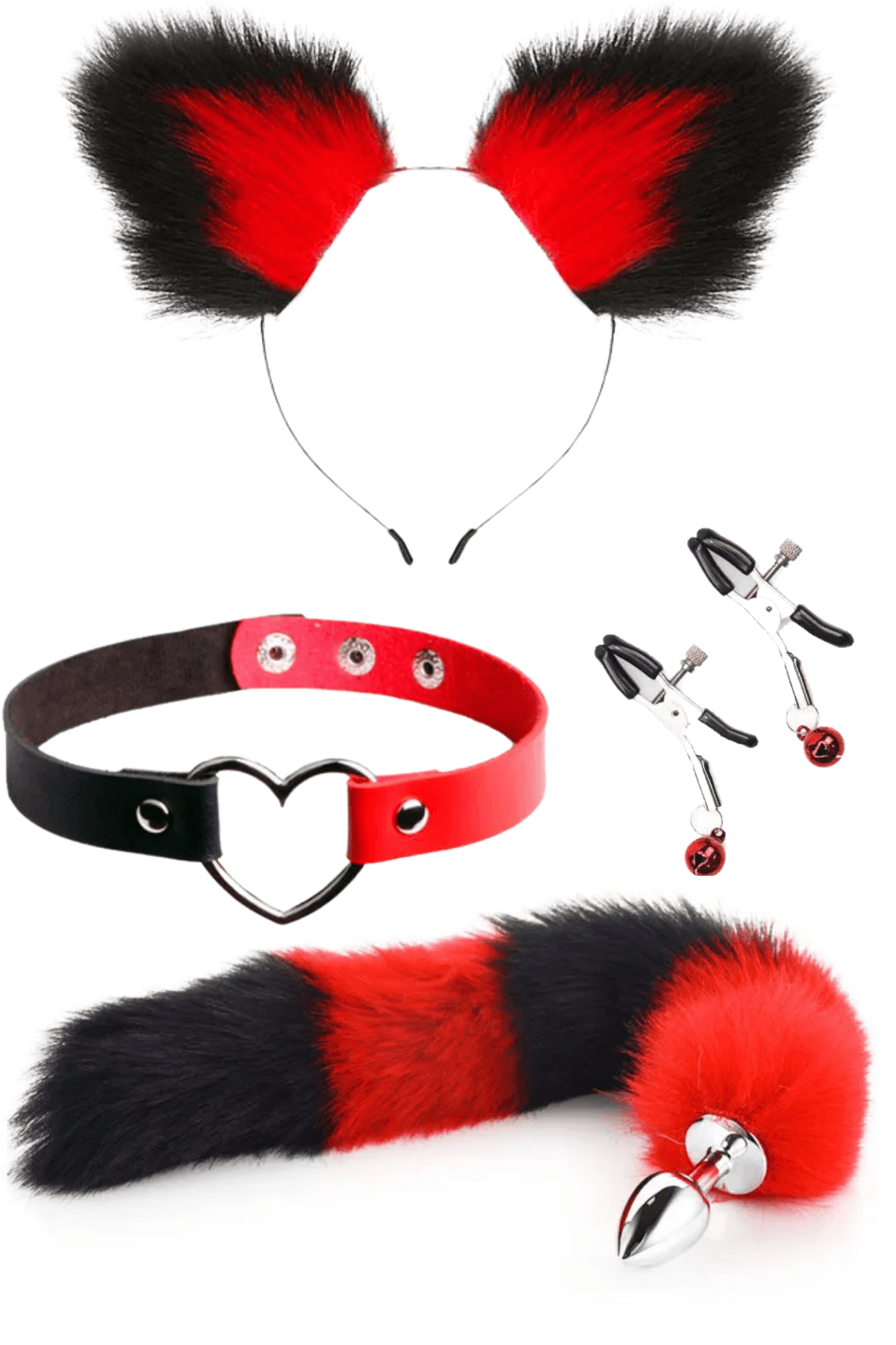 Wellco Adult Choker Klips Tüylü Kulak Seti Kırmızı Siyah Kedi Kuyruklu Paslanmaz Çelik Anal Butt Plug
