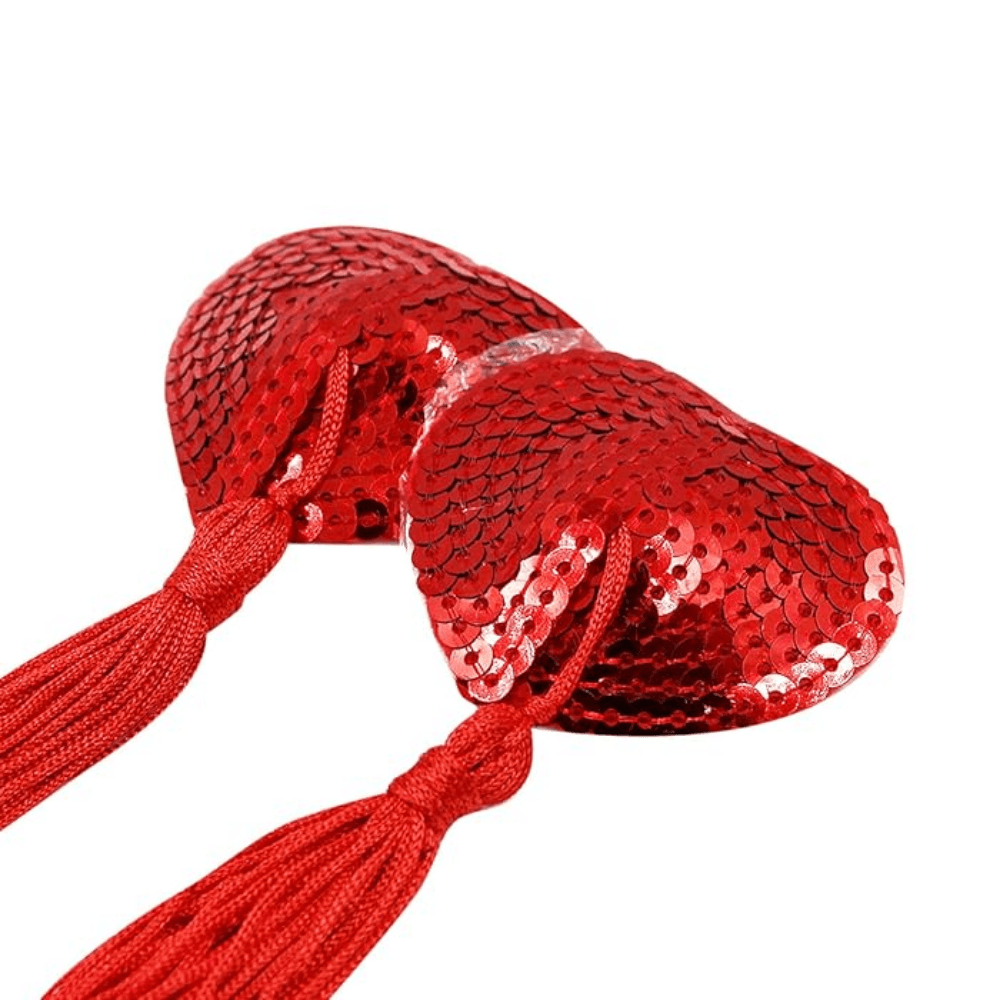 Wellco Adult Gıdıklayıcı Püsküllü Yapışkanlı Kırmızı Parıltılı Kalp Şeklinde Meme Ucu Gizleyici Göğüs Aksesuarı - 3