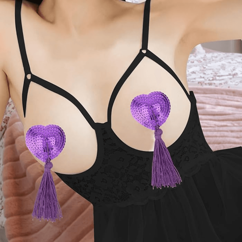 Wellco Adult Gıdıklayıcı Püsküllü Yapışkanlı Mor Parıltılı Kalp Şeklinde Meme Ucu Gizleyici Göğüs Aksesuarı - 2