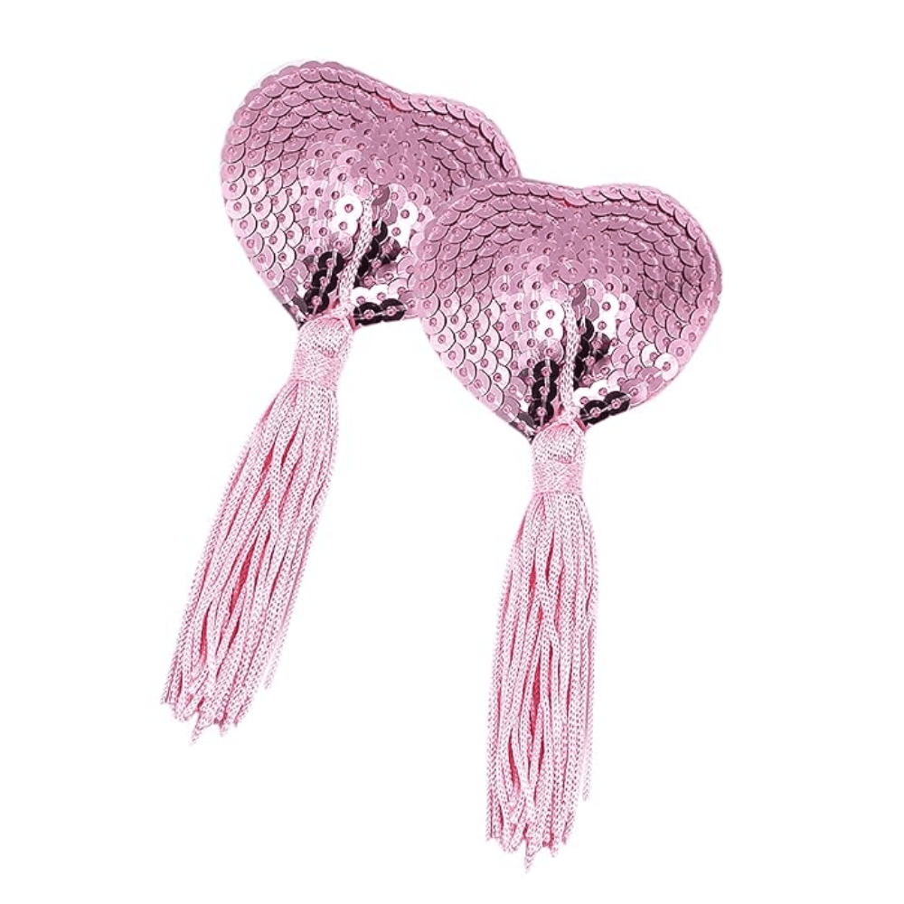 Wellco Adult Gıdıklayıcı Püsküllü Yapışkanlı Pembe Parıltılı Kalp Şeklinde Meme Ucu Gizleyici Göğüs Aksesuarı - 2