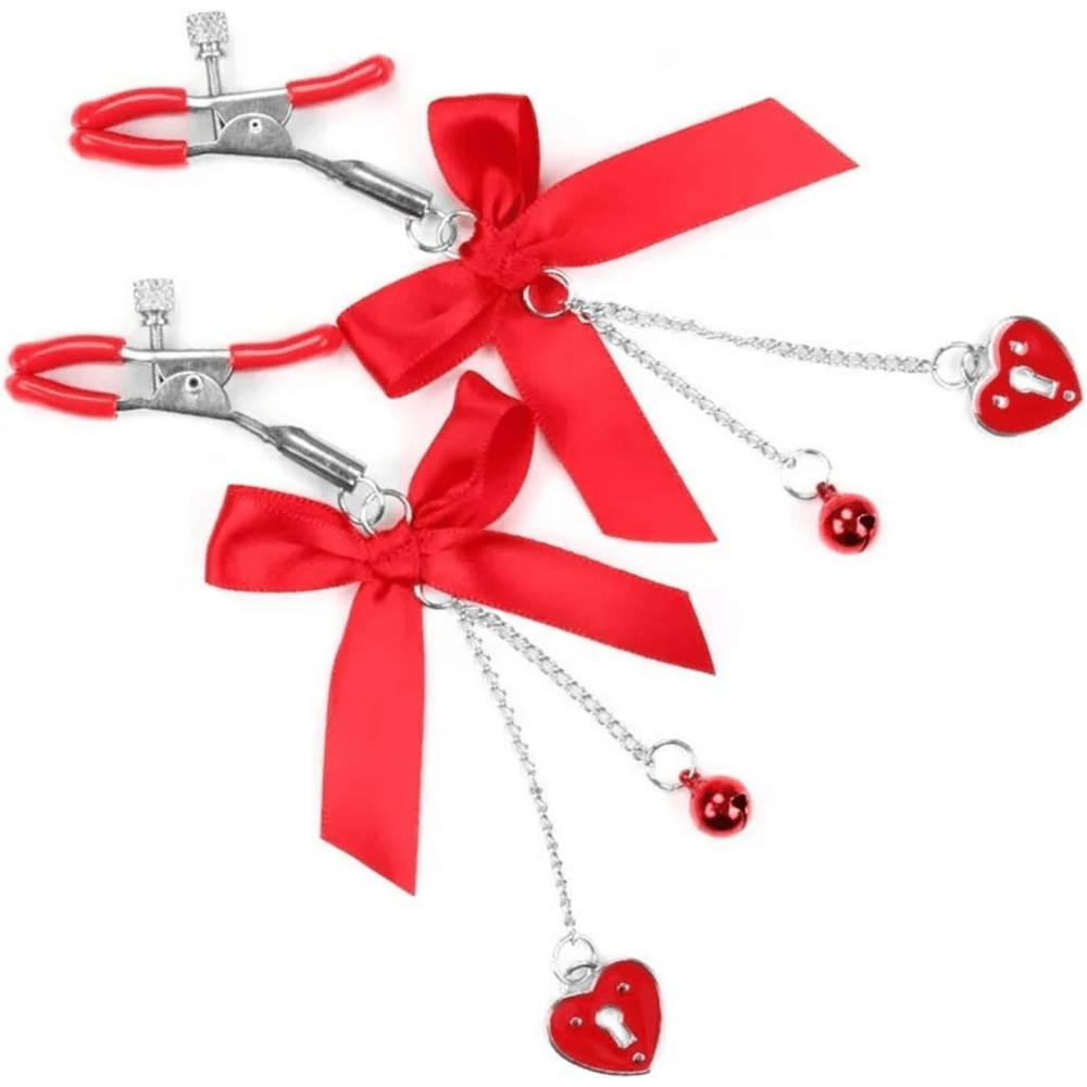 Wellco Adult Kırmızı Kurdeleli Kalp Charm Göğüs Uyarıcı Meme Ucu Klipsi Red Ribbon Nipple Clamps - 2