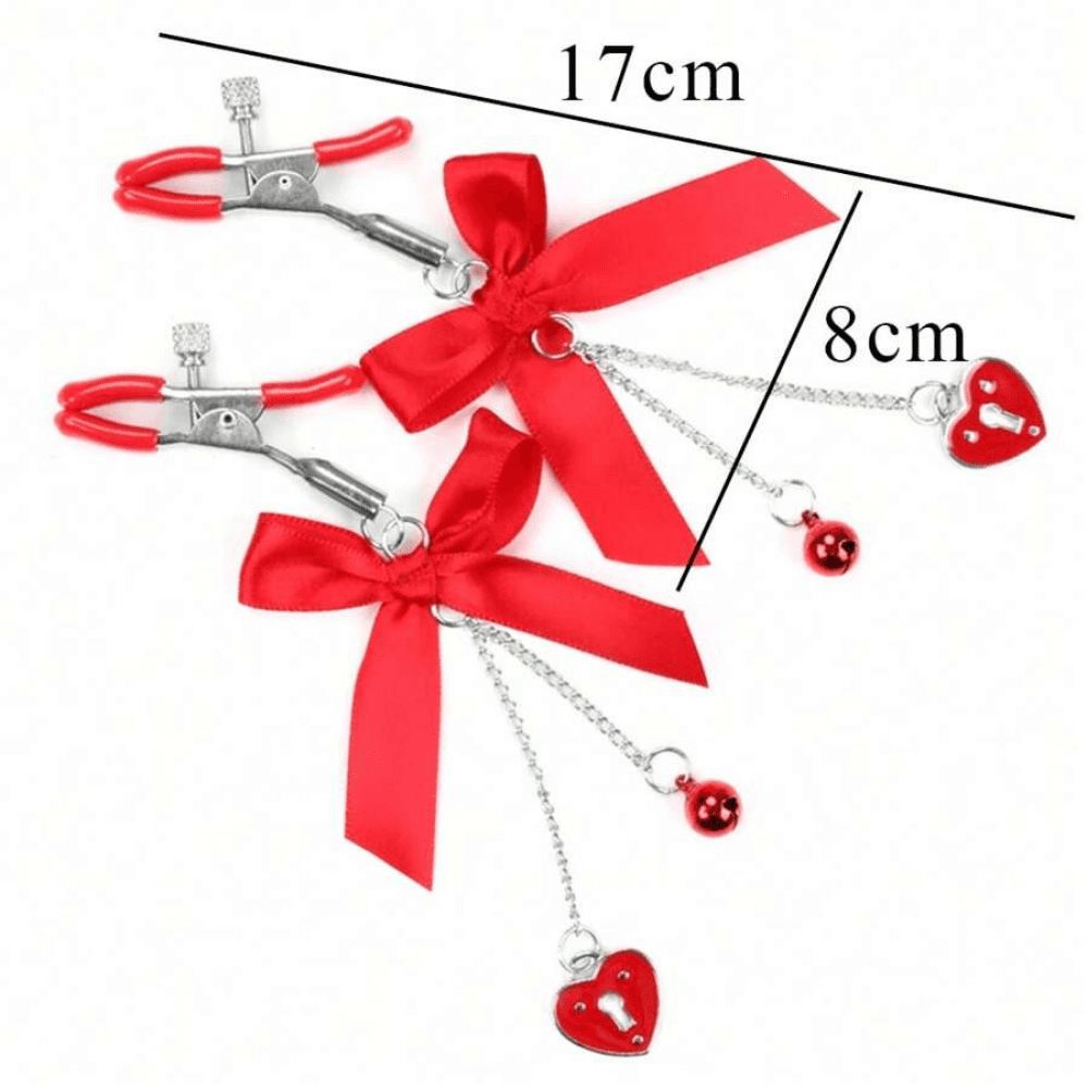 Wellco Adult Kırmızı Kurdeleli Kalp Charm Göğüs Uyarıcı Meme Ucu Klipsi Red Ribbon Nipple Clamps - 4